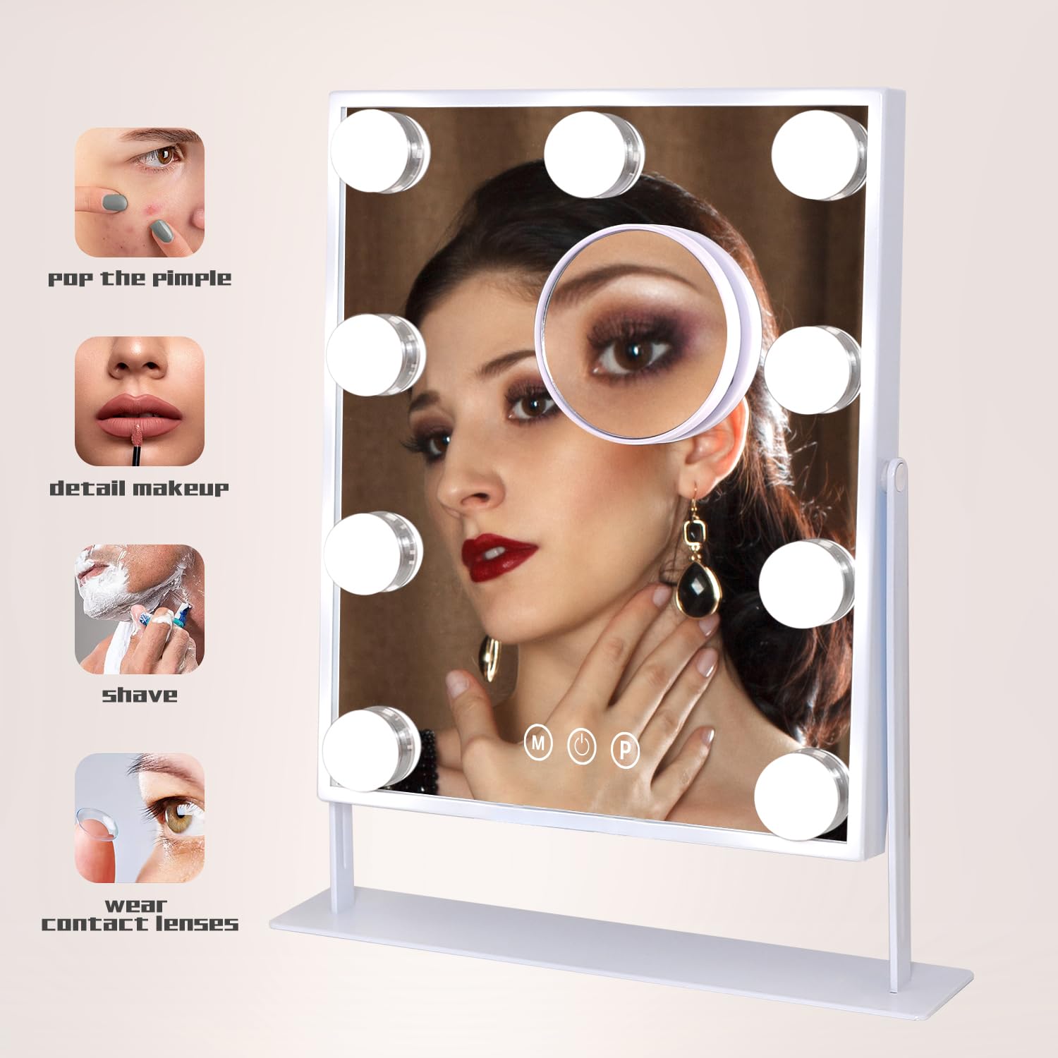 COOLJEEN Vanity Mirror with Lights, 9 Led Bulbs Lighted Makeup Mirror with Detachable 10X Magnification Mirror, Hollywood Mirror 3 Color Lights Tabletop Makeup Mirror, 360°Rotation