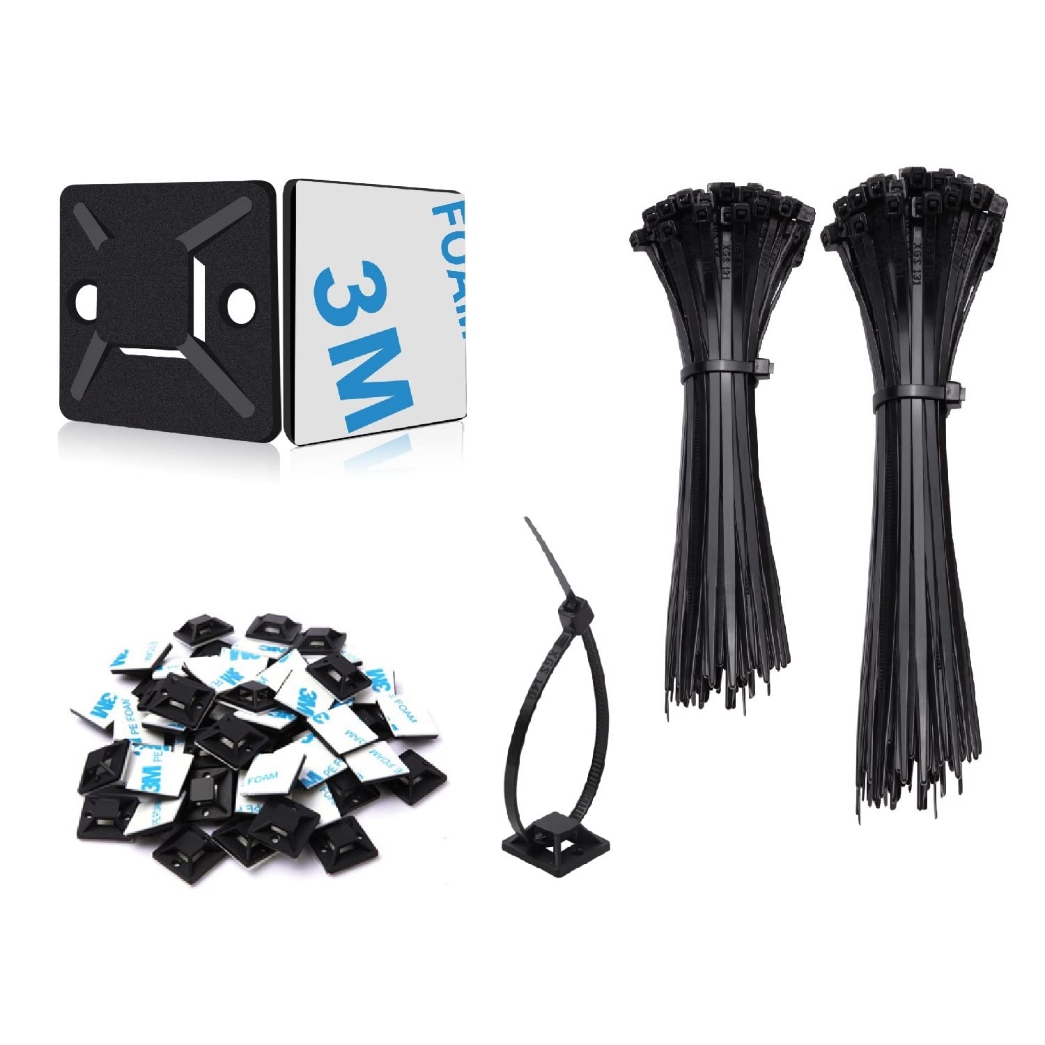 SZXULI 200Pcs Black Cable Ties Set, 100Pcs Nylon Plastic Zip Ties 120mm/150mm and 100Pcs Strong Self Adhesive Wire Clips Mount Base, Desk Cable Management Organiser Kit for Bedroom Office
