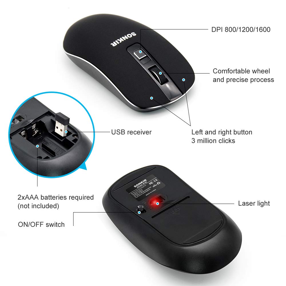 Keyboard Mouse, Sonkir K-18 2.4GHz Ultra Thin Rechargeable Aluminum Full Size Wireless Keyboard Mouse Combo for Windows, Laptop, PC, Notebook (Black)