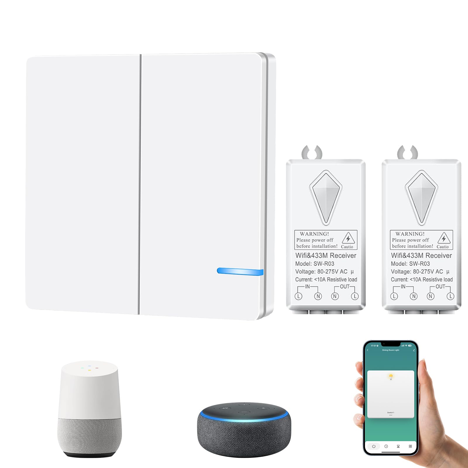 NineLeaf Wireless WiFi Smart Light Switch, Compatible with Alexa & Google Assistant Voice Control, Google Home, Tuya/Smart Life APP, for House Lighting(1X 2-Gang Switch and 2X WiFi Receiver)