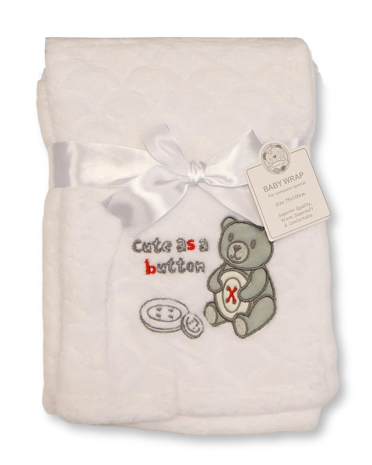 Baby Wrap Blanket with 'Cute as a Button' Embroidery - 3 Colours (White)