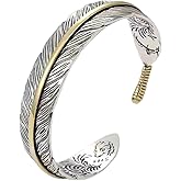 Innocence S925 Silver-Plated Antique Wide Feather Cuff Bracelet For Men Women Adjustable Retro Twisted Feathers Bracelets Gift Jewelry