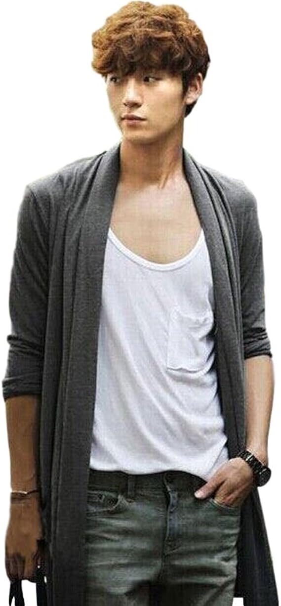 Amazon Teranos ニット カーディガン ロング メンズ 長袖 オシャレ スリム かっこいい デート 春 夏 秋 カジュアル 学生 爽やか M グレー カーディガン 通販