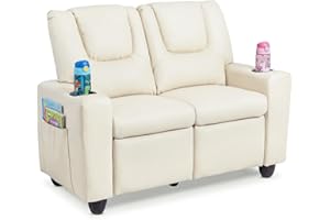Costzon 2-Seater Kids Recliner, Double Toddler Sofa Chair w/2 Cup Holders & 2 Side Storage Pockets, PU Leather Kids Loveseat 