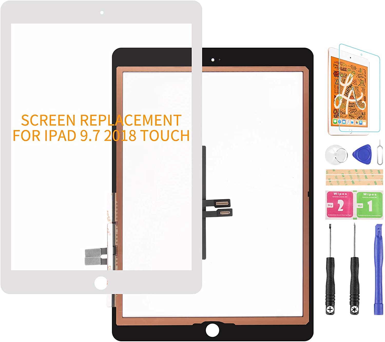 SRJTEK For iPad 9.7 2018 Touch Screen Replacement For iPad 6 6th Gen Touch Screen Digitizer Glass A1893 A1954 Assembly Kits (Without Home Button)+Pre-Installed Adhesive+Tools+(Not Lcd) (White)