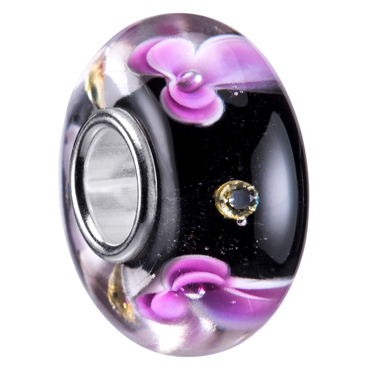 Materia Murano Glass Beads Flower Black Purple 925 Silver Charms Glass Pendant Jewellery with Zirconia #1248
