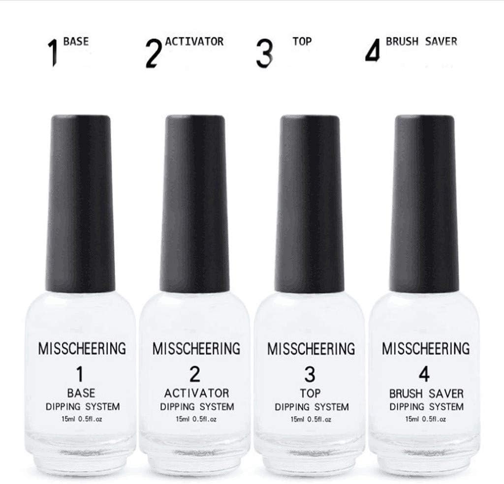 Dipping Powder System Liquid Kit, 4pcs Acrylic Dip Powder Set with Base, Activator, Top, Brush Saver, Clear Nail Art Manicure Gel Polish, No UV Lamp Needed (Dipping System Set)