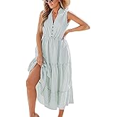 CUPSHE Women Ruffle Summer Dress 2025 Stripe V Neck Front Button Casual Sundress Holiday Vacation Midi Dress with Pocket