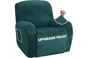 ZNSAYOTX Stretch Velvet Recliner Covers 4-Pieces, Thicker Soft Plush Recliner Chair Slipcover with Side Pockets, Washable Luxury Dog Cat Pets Proof Reclining Protector (Recliner, Blackish Green)