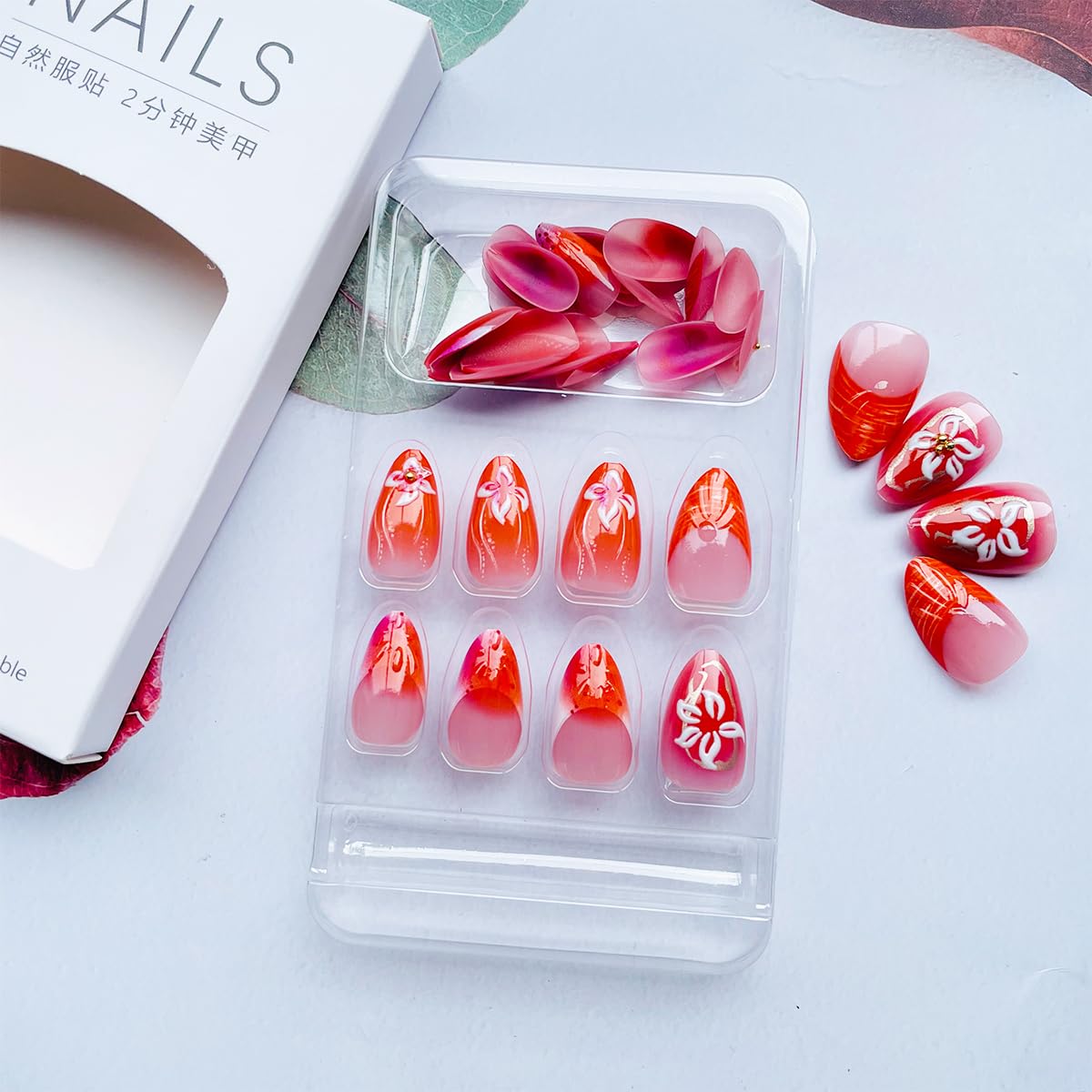 24Pcs Medium Press on Nails Almond Fake Nails with Flower Petal Charms Design Stick on Nails 3D Texture Ripple Flower Acrylic Nails Orange Pink French Tip Glue on Nails Stiletto False Nails for Women - Image 5