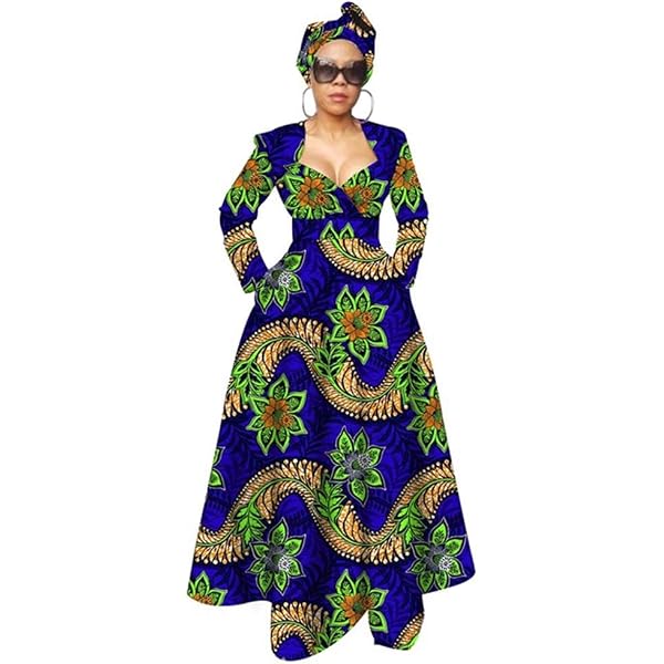 African Wax Print Dress For Women - Ankara Long Sleeve Maxi Dress, Plus Size Available, Color-8, Small