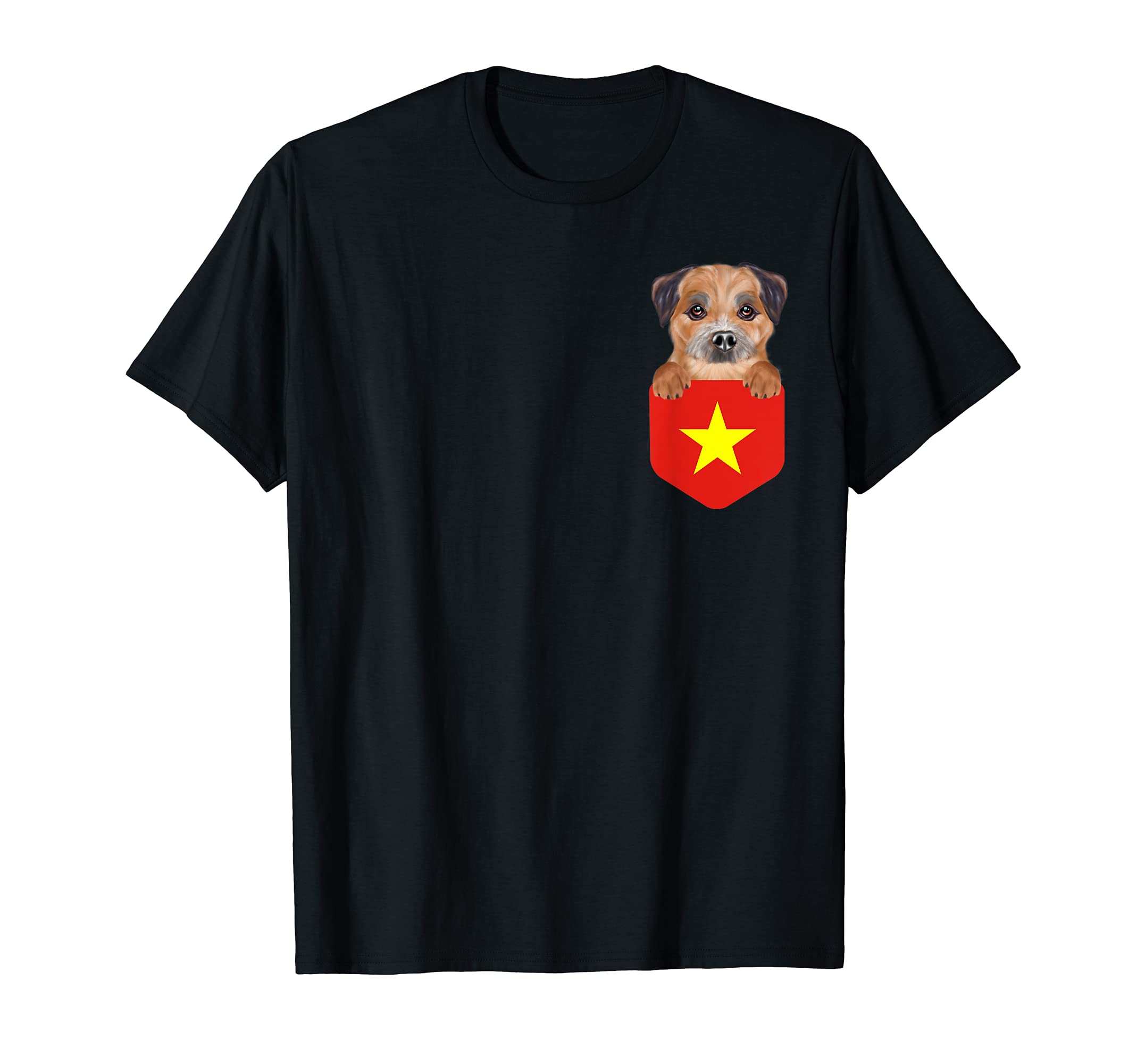 Vietnam Flag Border Terrier Dog In Pocket T-Shirt