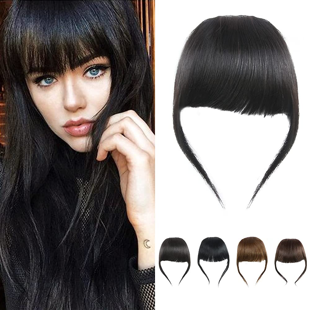 Clip in Thick Hair Bangs Human Hair Fringe Real Human Hair Bang Extension Unprocessed Fringe, Natural Black Color