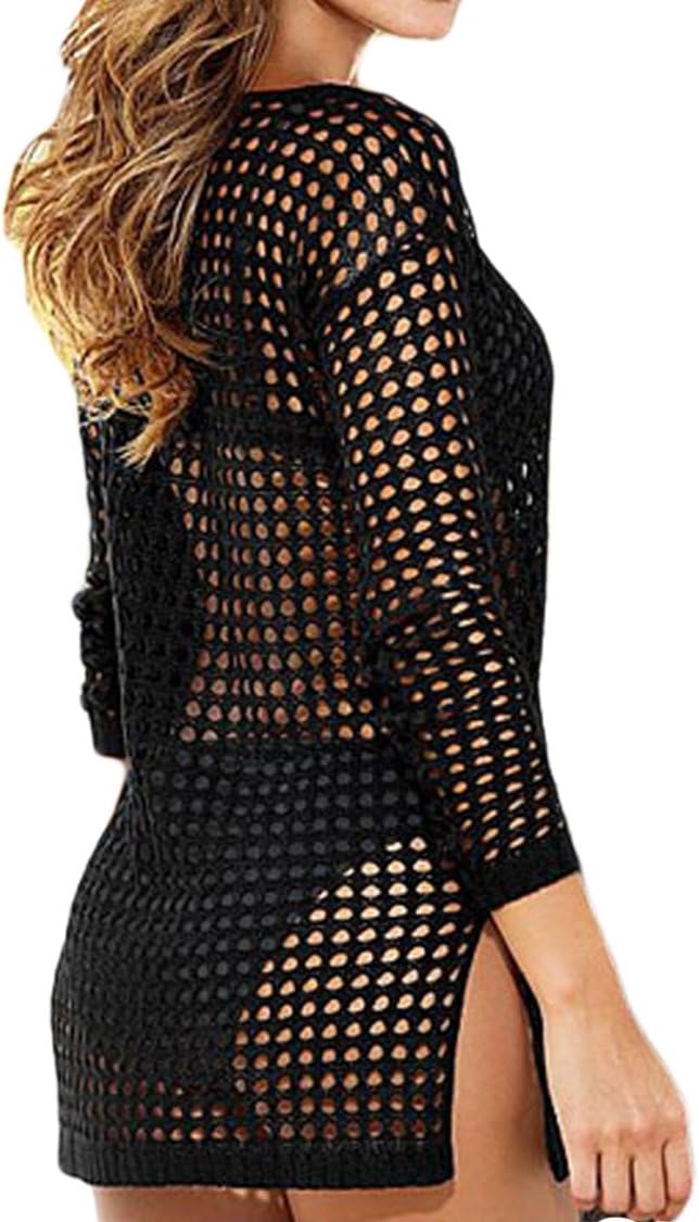 SEXYARN Women's Long Sleeve Crochet Sheer Coverups Swimsuits Beach Dress Black-2