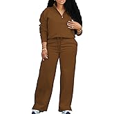 MOEENCN Women 2 Piece Outfits Sweatsuit Oversized Half Zip Sweatshirt Wide Leg Sweatpant Casual Lounge Matching Set Tracksuit