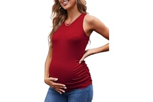 UNCLECAT Women's Maternity Tank Tops Summer Sleeveless Crewneck Ribbed Slim Fitted Blouse Side Ruched Pregnancy Shirts