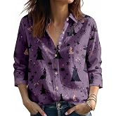 Women's Halloween Button Down Shirt, Pumpkin Witch Cat Skeleton Leaves Print, Fall Autumn Collared Blouse for Thanksgiving