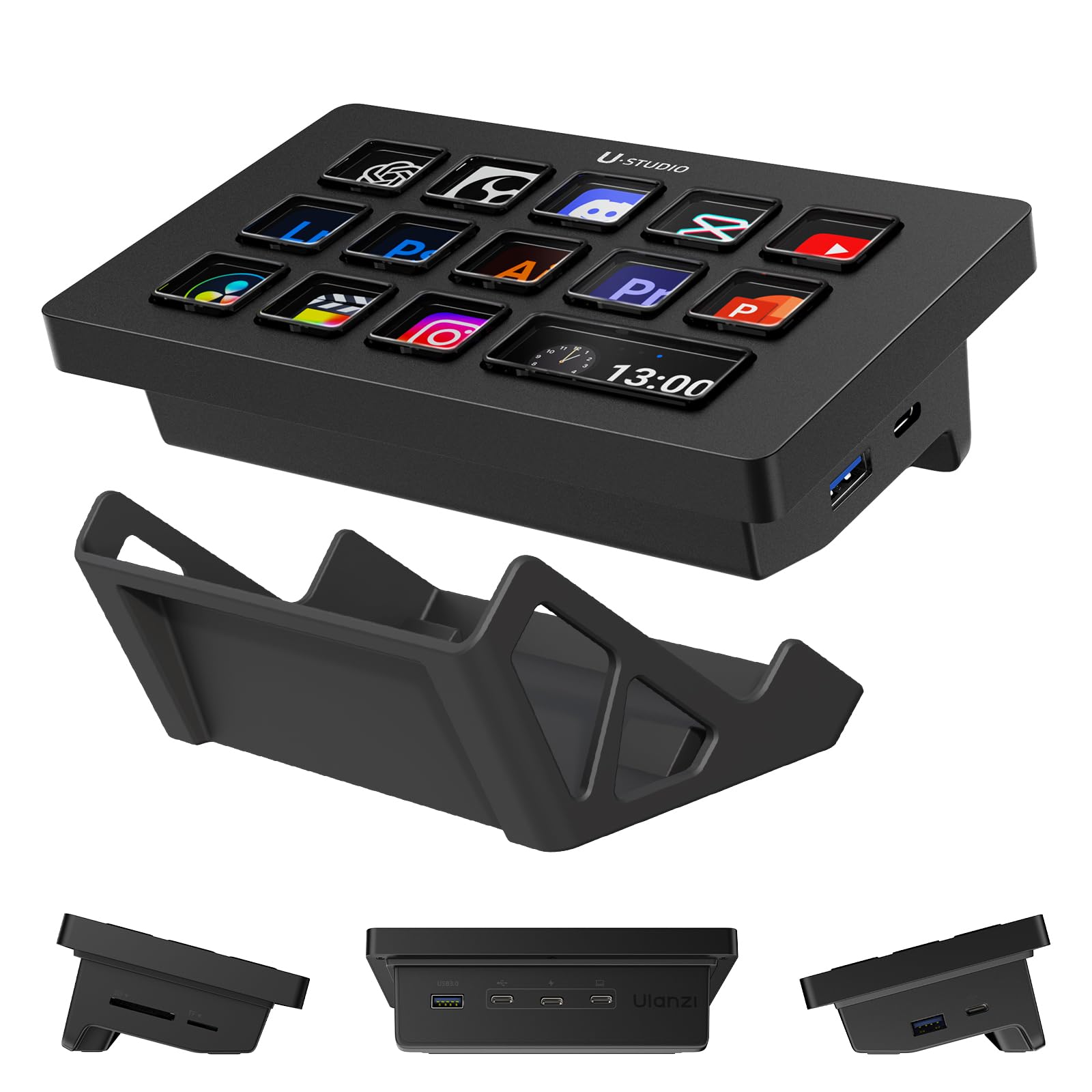ULANZI D200H Stream Controller & USB C Docking Station with Stand Base, 14 Keys Macro Keyboard with 7-in-1 Hub Deck Dock, SD/TF Card Reader, Customerable LCD Key for Live/Gaming/Editing/Office
