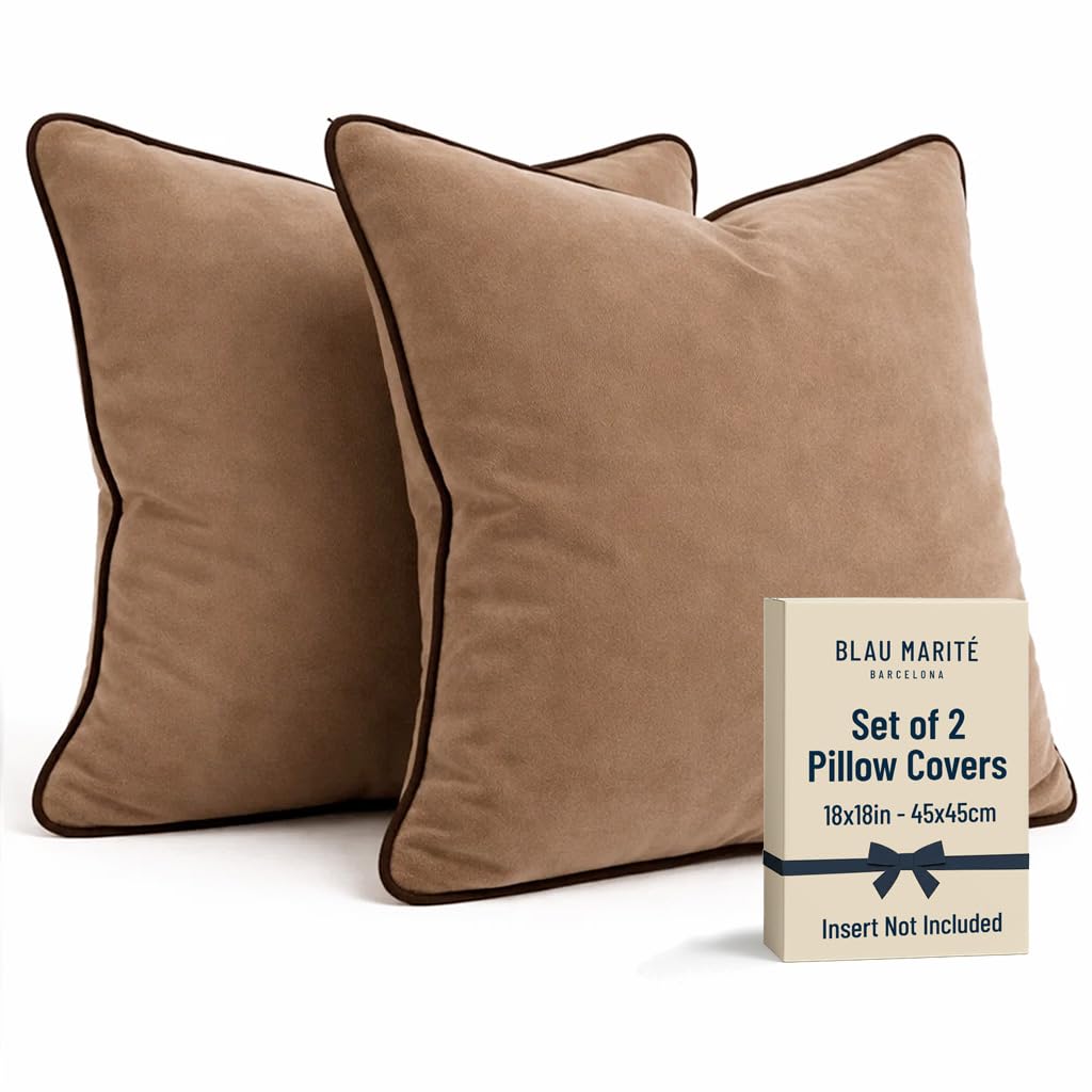 Blau Marité Set of 2 Velvet Throw Pillow Covers with Contrast Piping, Soft Decorative Cushion Covers, Camel and Brown, 18"x18" (45x45 cm). — image 1