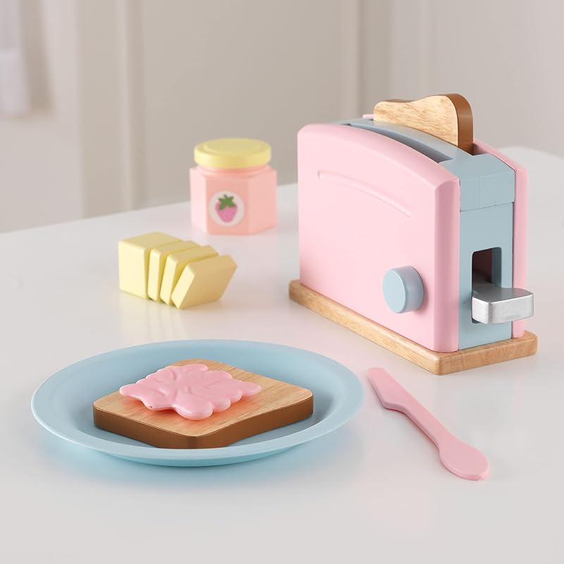 Pastell Toaster Spielset aus Holz für Kinderküche mit 2 Scheiben Brot mit Sandwichfüllung, Spielküche Zubehör, Spielzeug für Kinder ab 3 Jahre, 63374
