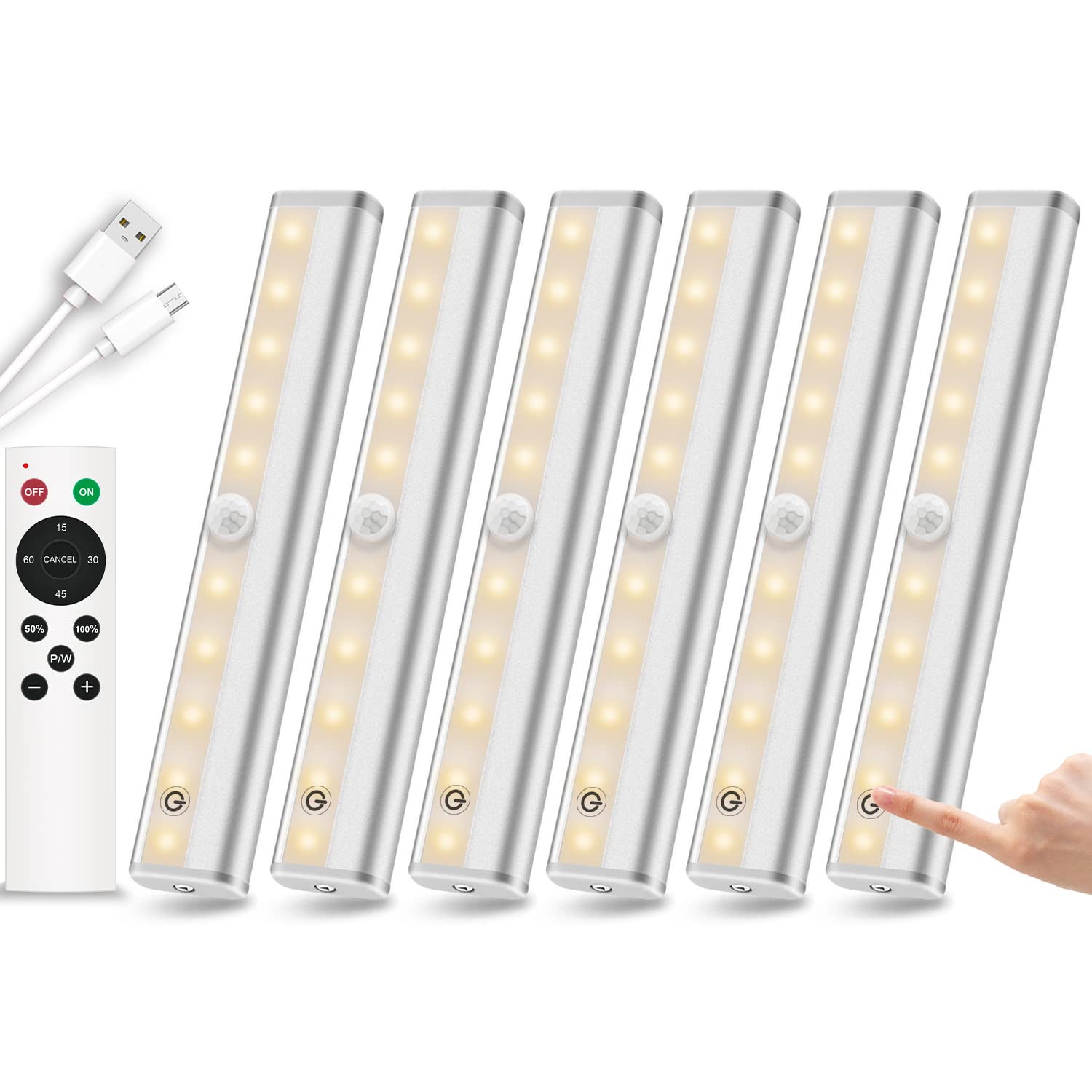 Photo 1 of **MISSING MAGNETIC ADHEASIVE BACKING STRIPS FOR 5 OF 6 LIGHTS** Remote Control Under Cabinet Lighting Wireless 6 Pack, 20-LED Dimmable Closet Lights Rechargeable Under Counter Light, Stick on Touch Night Light Strip Bar for Kitchen Stairway Bedroom, 3 Col