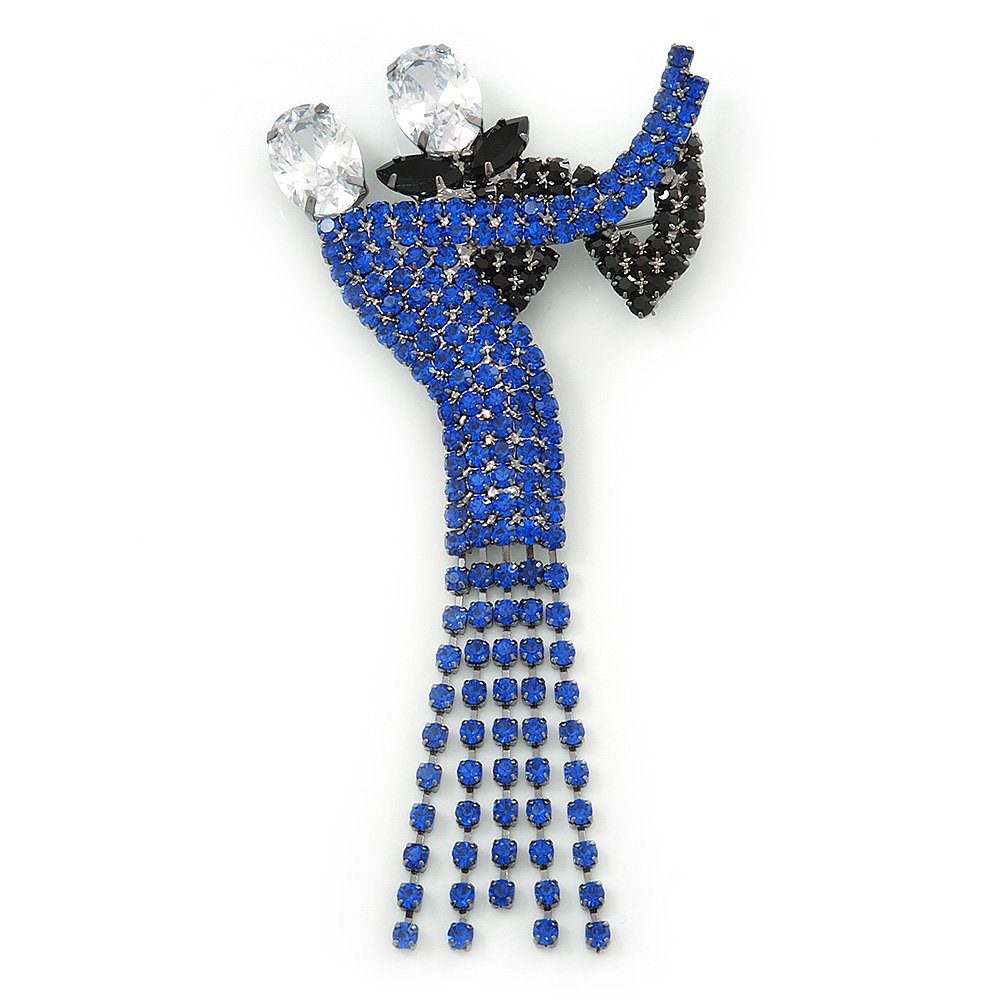 'Dancing Couple' Austrian Crystal Brooch In Gun Metal Finish (Black & Sapphire Blue Colour) - 105mm Length