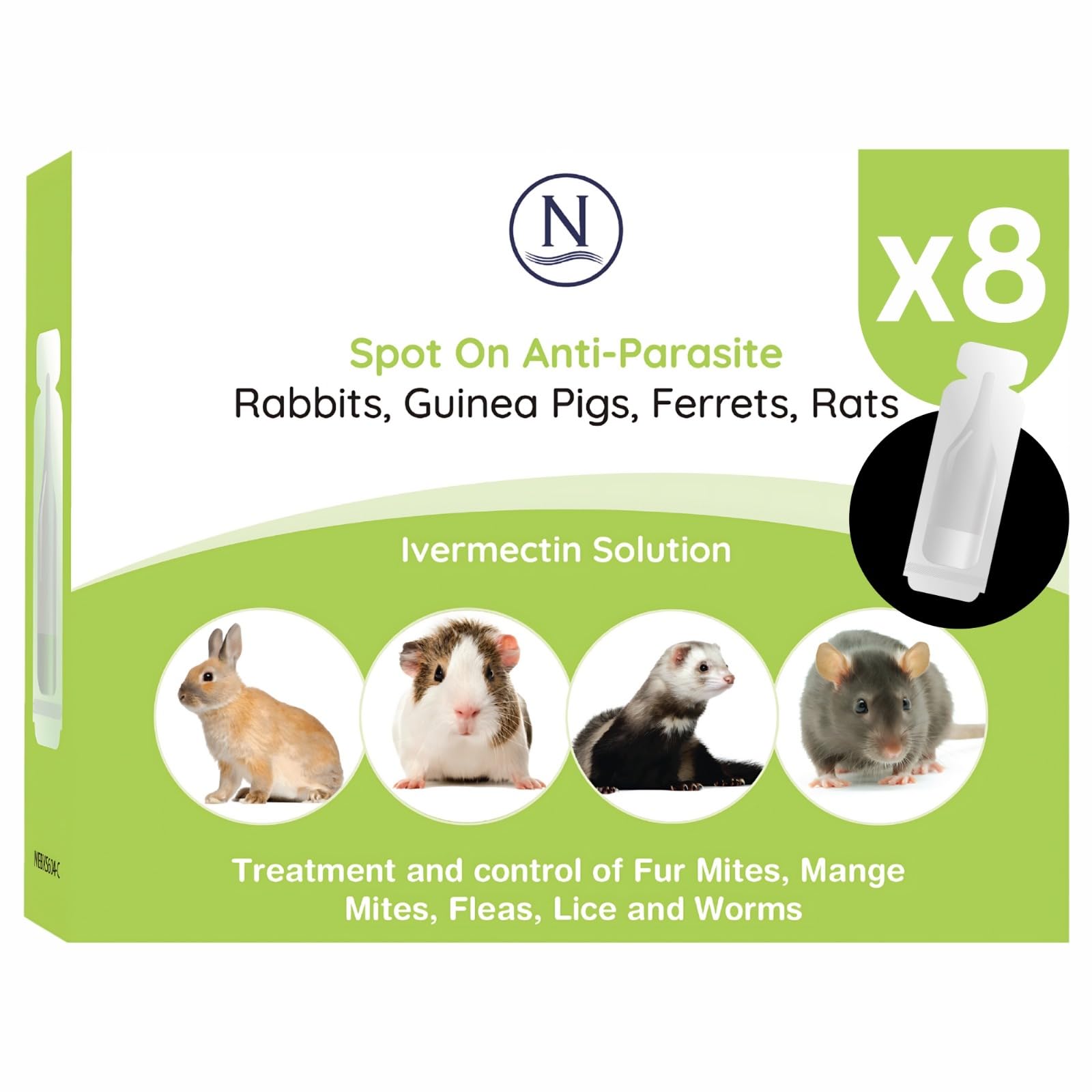 Naqua 8 x Anti-Parasite spot-on pipettes. Treatment for rabbits, ferrets, guinea pigs, rats & chinchilla. Vet strength, kills fleas, lice, mange mites