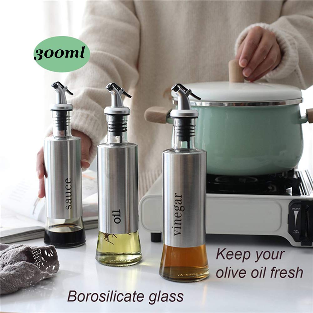 Oil Vinegar and Sauce Dispenser Bottle with Stainless Steel funnel - 11oz/300ml Oil Vinegar and Sauce Cruet Pourer Dispensing Glass and Stainless Steel Bottles for Kitchen