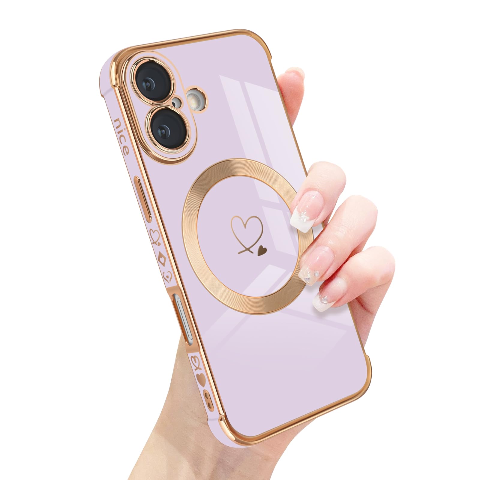 Newseego Magnetic Phone Case for iPhone 16 [Compatible with Magsafe], Cute Love Heart Pattern Girls Women Soft TPU Shockproof Camera Protection Cover for iPhone 16-Purple