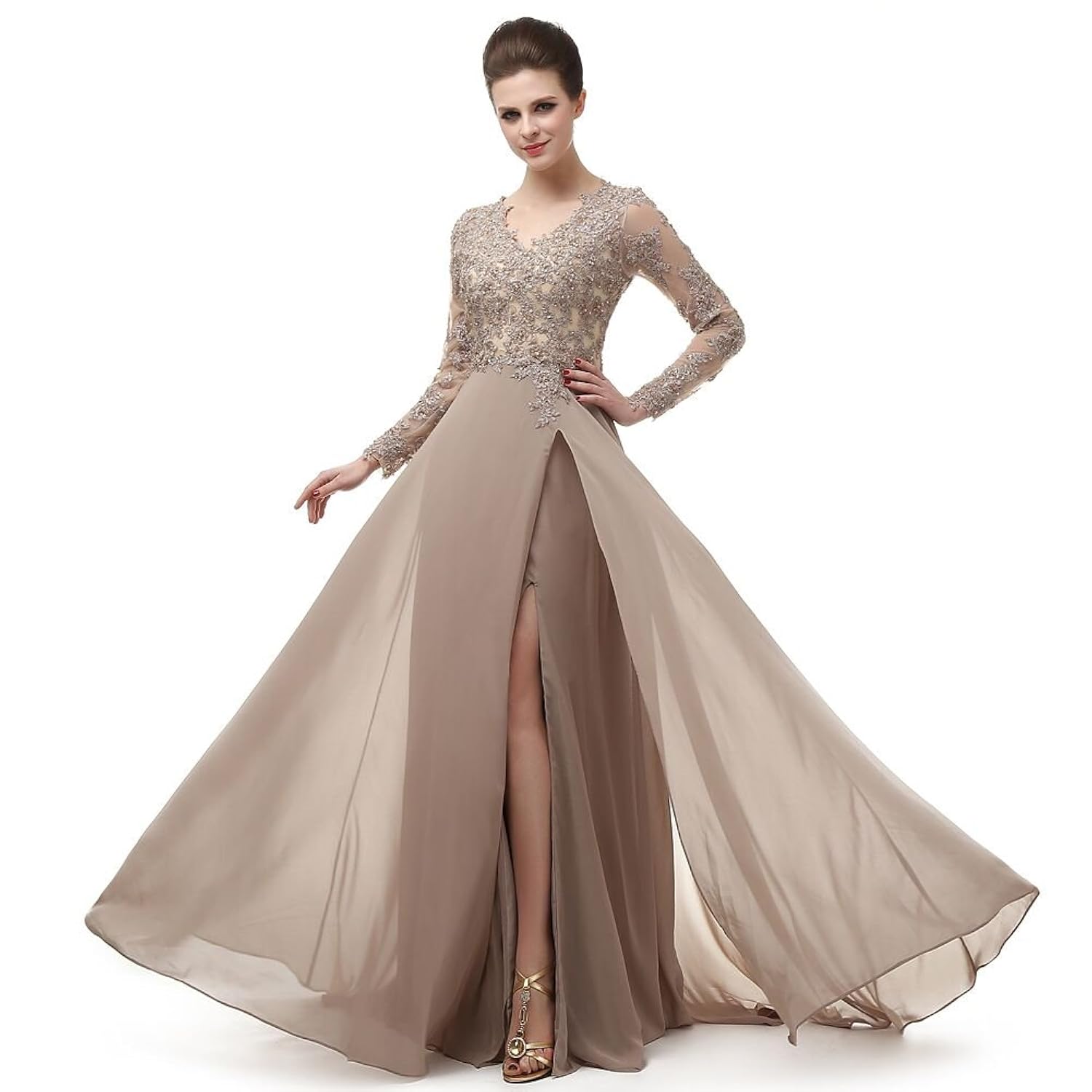 menoqo Elegant Long Sleeve A Line V Neck Chiffon Lace Beaded Long Evening Dresses 2018 Robe De Soiree manche Longue