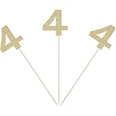 Gold Glitter Fourth Birthday Centerpiece Sticks Number 4 Table Toppers for Kids Birthday 4th Anniversary Flower Picks - Pack of 10