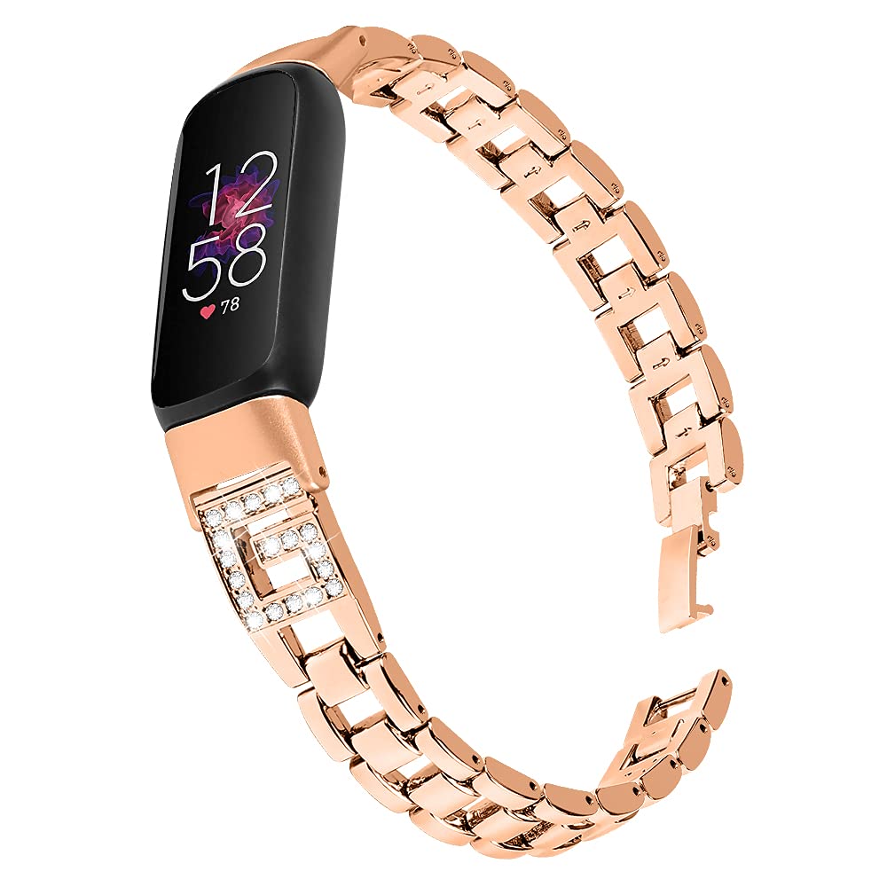 Ginamart Metal Straps Compatible with Fitbit Luxe Strap, Bling Stainless Steel Wristband Replacement Strap Arm Bands Accessories Bracelet for Luxe Activity Tracker Women Men (Rose Gold)