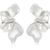 FAUTHENTICUTE Chunky Gold Statement Earrings For Women Gold Plated Sectored Flower Leaf Shell Angel Wing Earrings Trendy Boho Jewelry For Women Large Stud Earrings Hypoallergenic Earrings