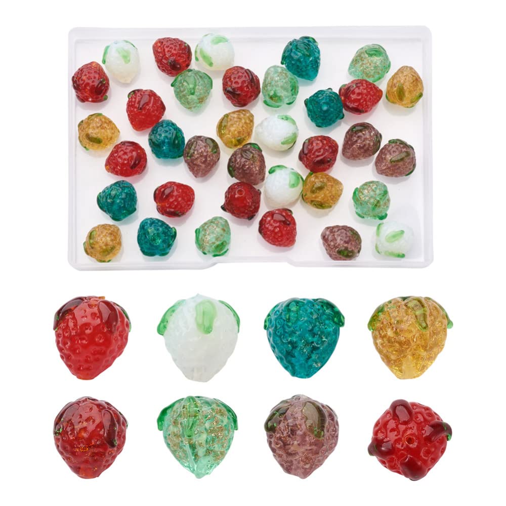 Craftdady 35Pcs Handamde Bumpy Strawberry Lampwork Beads with Gold Sand Small Translucent 3D Cute Fruit Glazed Beads for Necklace Bracelet Jewelry Making, 7 Styles