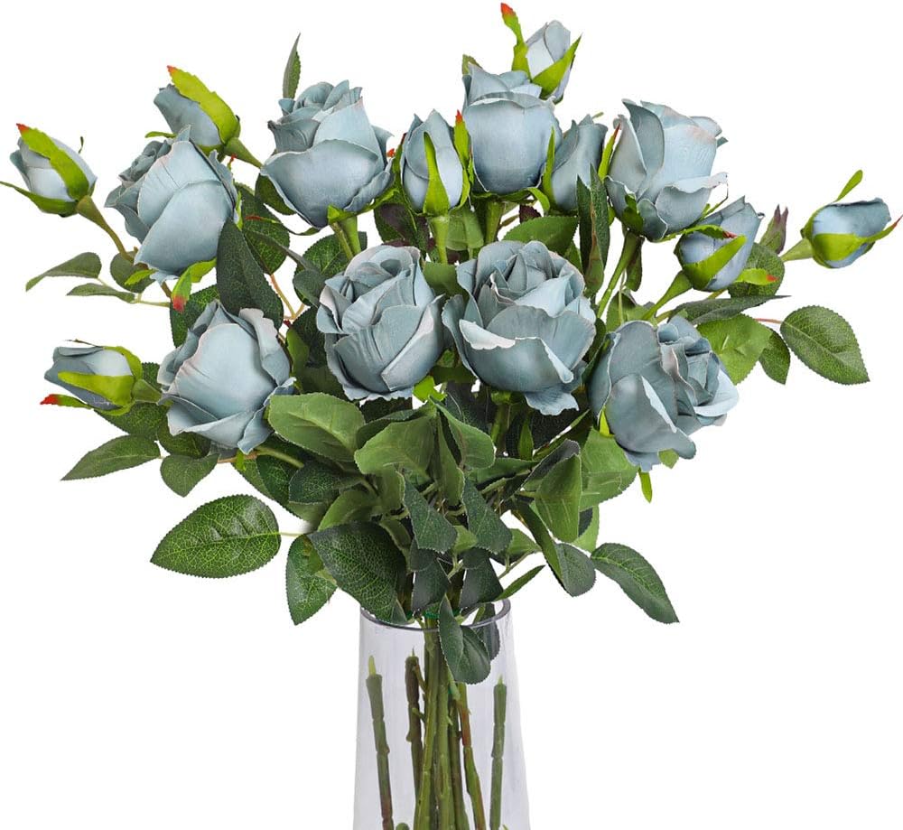 Amazon Com Luyue Silk Artificial Rose Vintage Fake Flowers With Stems Wedding Bouquets Home Hotel Office Decoration Pack Of 6 Blue Vase Not Included Furniture Decor