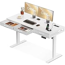 OffiGo Scrivania Regolabile con Cassetto, 140 cm Scrivania Elettrica con Presa, Scrivania Ufficio Motorizzata, Standing Desk, Bianco