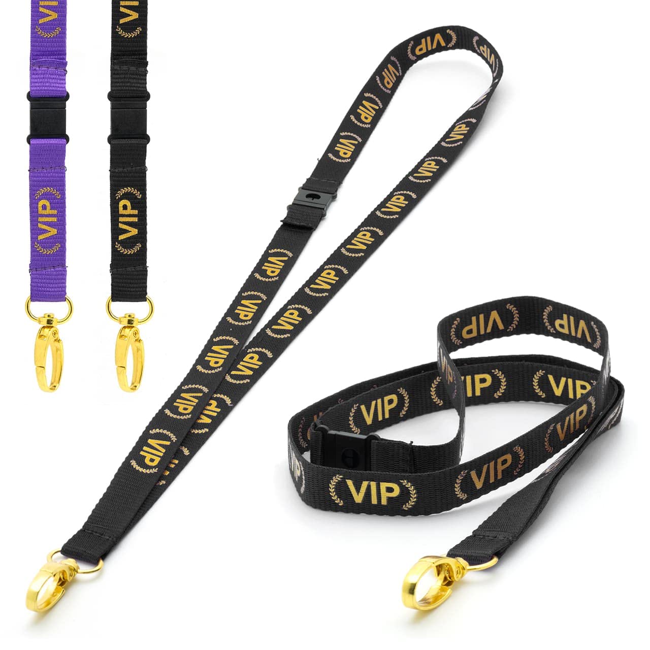 CKB Ltd Black VIP LANYARDS Breakaway Safety Lanyard Neck Strap Swivel Gold Colour Metal Clip for ID Card Holder - Pull Quick Release Design Pack of 10