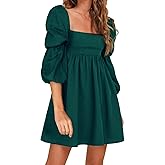 EXLURA Womens 2026 Square Neck Dress Long Puff Sleeve A-Line Casual Short Mini Dresses