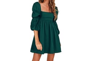 EXLURA Womens Square Neck Dress Long Puff Sleeve A-Line Casual Short Mini Dress