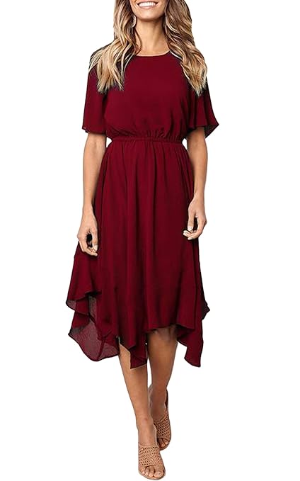 ECOWISH Damen Chiffon Kleider Asymmetrisch Sommerkleid Einfarbig Rundhals Kurzarm Plissee Kleid Casual Lose Kleid Knielang