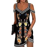 Soesdemo Womens Summer Dress Cold Shoulder V Neck Floral Printed 2024 Fashion Sundress with Pockets