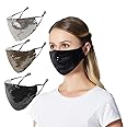 NatureMan 3 Pcs Sequin Face Mask with Filter Pocket, Adjustable Ear Loops, Masquerade Fashion Bling Mask for Women,Washable Reusable (Black gold silver)