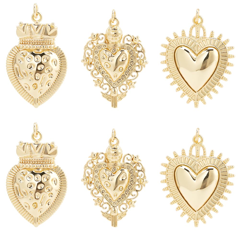 Beebeecraft 1 Box 6Pcs Sacred Heart Charms Real 18K Gold Plated Brass Gothic Mexican Love Shape Charms for DIY Necklace Bracelet Jewelry Making