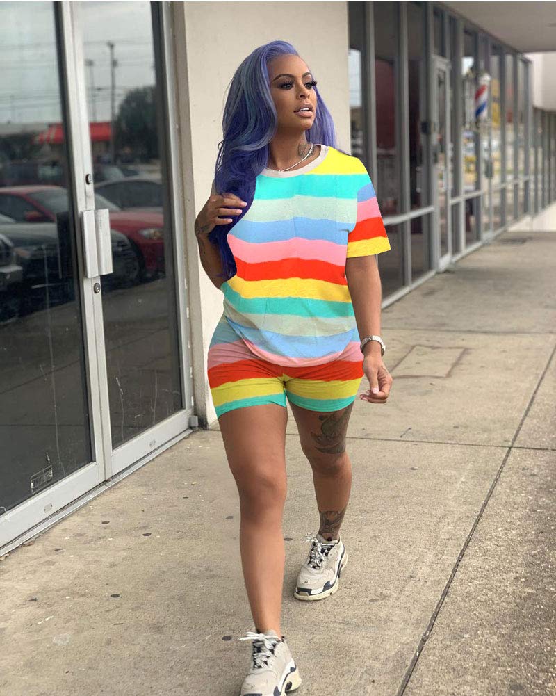 Women Sexy 2 Piece Outfits - Stripes Shorts Sets Rompers Short Sleeve Tops Yellow L