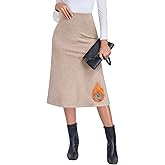 WOWENY Women's Fleece Lined Midi Skirt Elastic High Waist A Line Fall Winter Skirt Warm Soft Flared Skirts