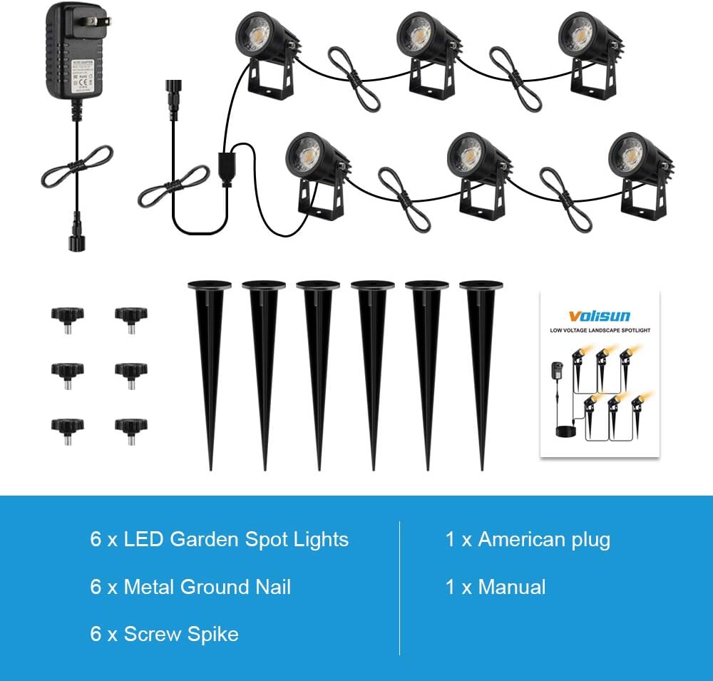 VOLISUN Spotlights Outdoor Landscape Lighing with 98ft Cable and Transformer IP65 Waterproof 12V Low Voltage with Stakes Landscape Lighting for Outdoor Garden Yard, Warm White(6-in-1) - - 