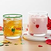 Bokon Set of 2 Valentine Icon Glass Cups 14 oz Heart and Shamrock Icon Juice Glass Old Fashioned Hand Blown Drinking Cups Coquette Drinkware Gift for St. Patrick's Day Women Girls Birthday