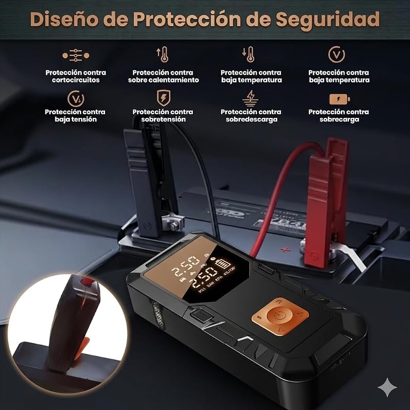 Arrancador de Baterías Coche 12V (Gasolina/Diésel) con 12000mAh Compresor Aire Portátil 150PSI, Power Bank 18W Carga Rápida, Inflador Neumáticos Coche con Linterna LED para Moto Pelotas