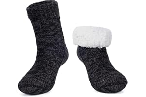 LEMZONE Men's Fluffy Slipper Socks Non Slip Winter Warm Cozy Fleece Lining Cabin Socks with Grips