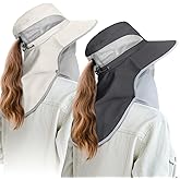 2 Pack Womens Outdoor Wide Brim Sun Hat with Neck Face Flap,UPF 50 Protection Fishing Hiking Garden Work Hats with Ponytail